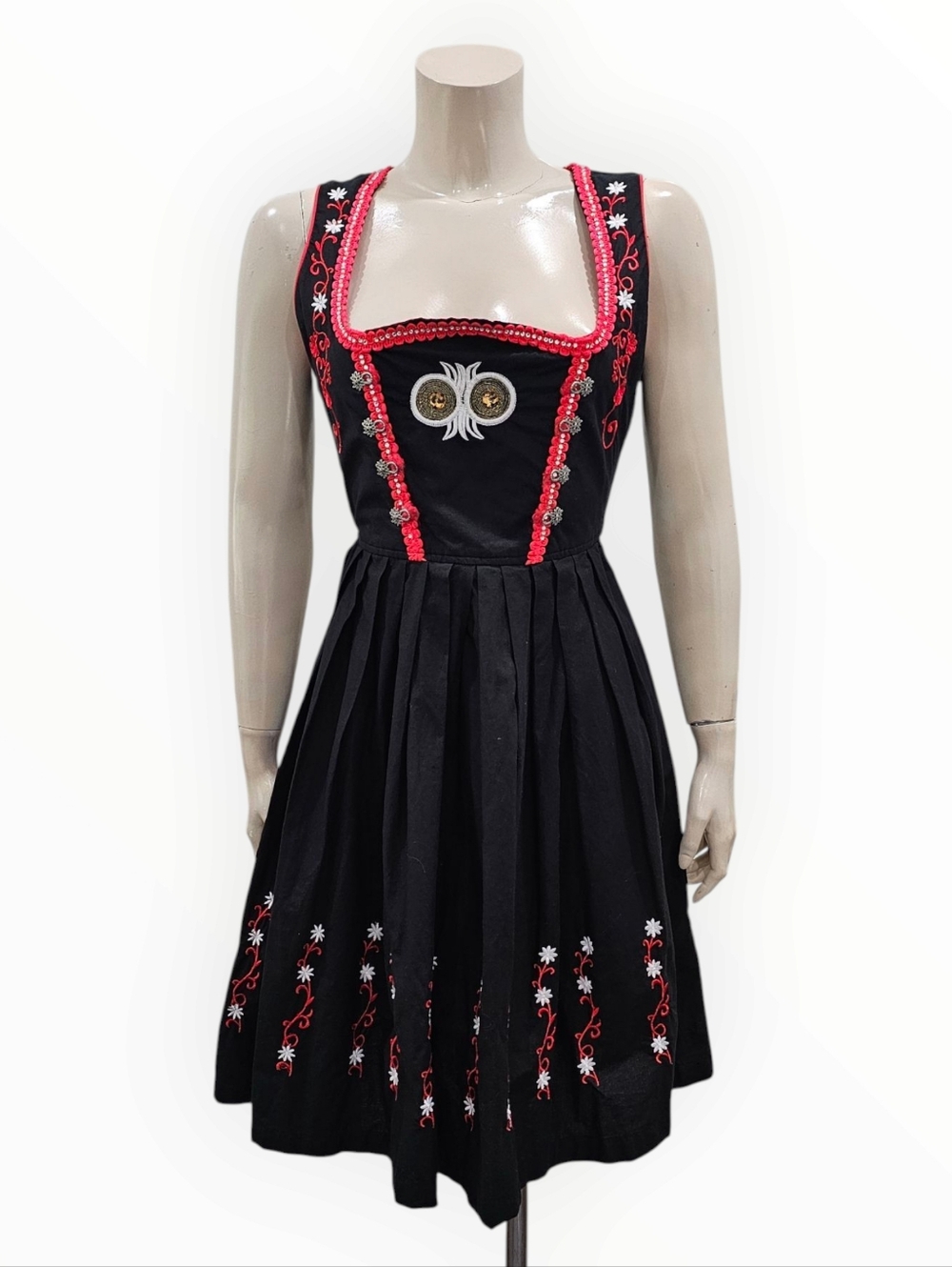 DIRNDL.COM Black Red Trim Embroidered Dirndl Oktoberfest Midi Dress 36/S-M